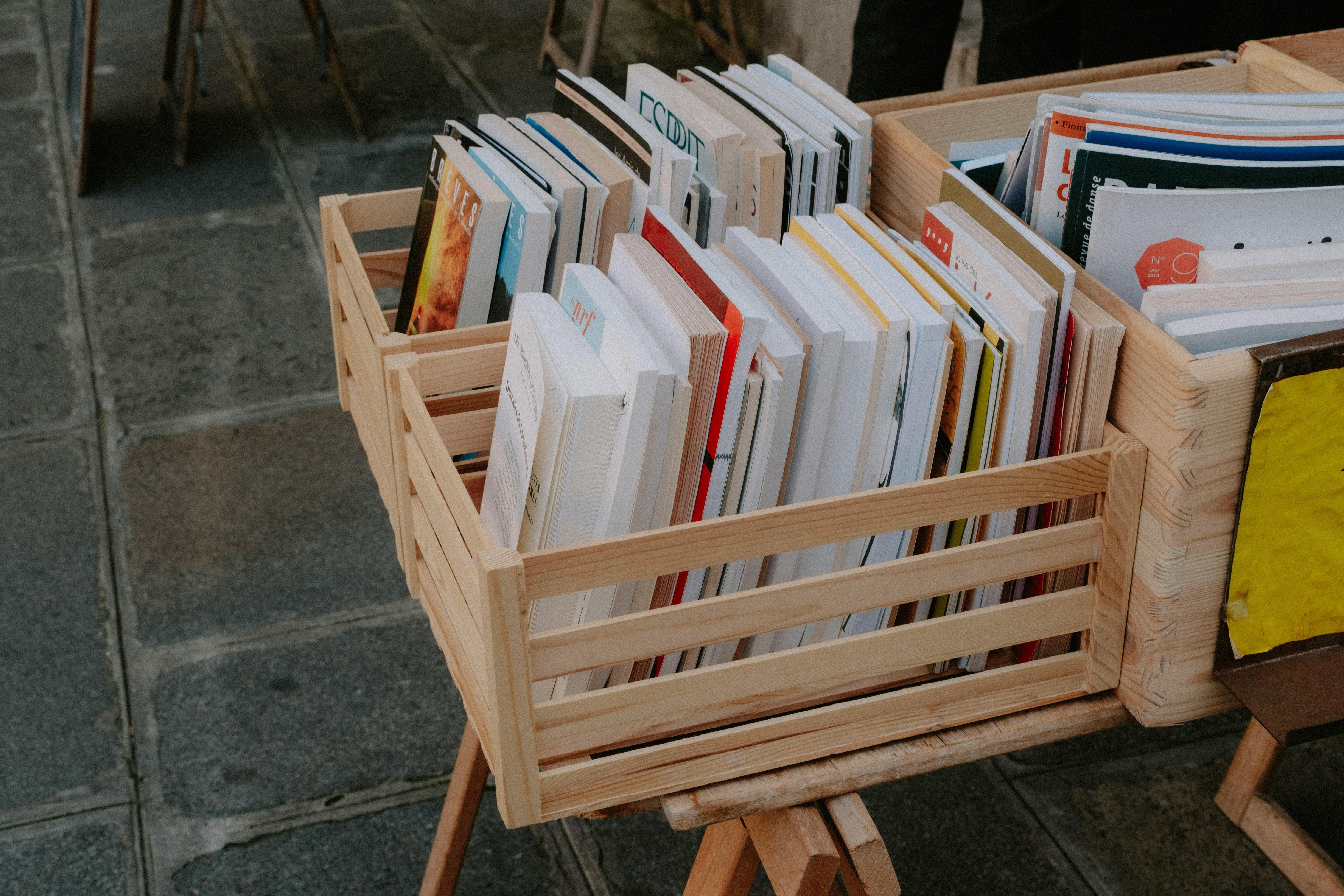 books on wooden crates