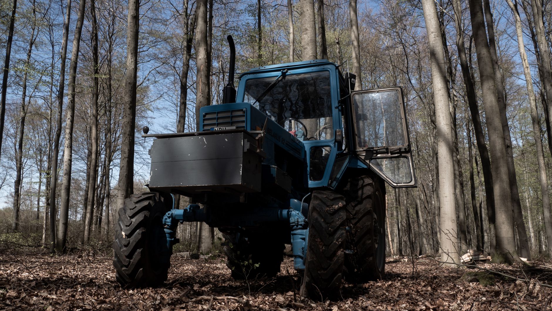 A blue tractor stands in a woodland area in Hohenstein, Germany.