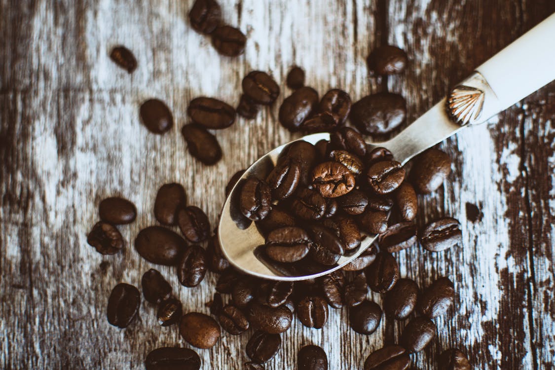 Free Coffee Beans on Stainless Steel Spoon Stock Photo