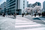 在日本永川市一个繁忙的十字路口，行人在樱花和现代建筑间穿行