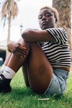 A woman with short hair relaxes outdoors on the grass in a park, wearing striped shirt and jean shorts.