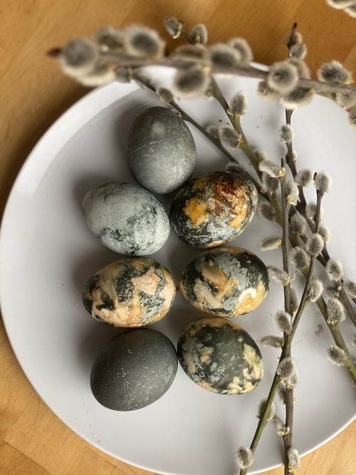 Free Decorative Easter eggs with natural textures on a white plate and willow branches. Stock Photo
