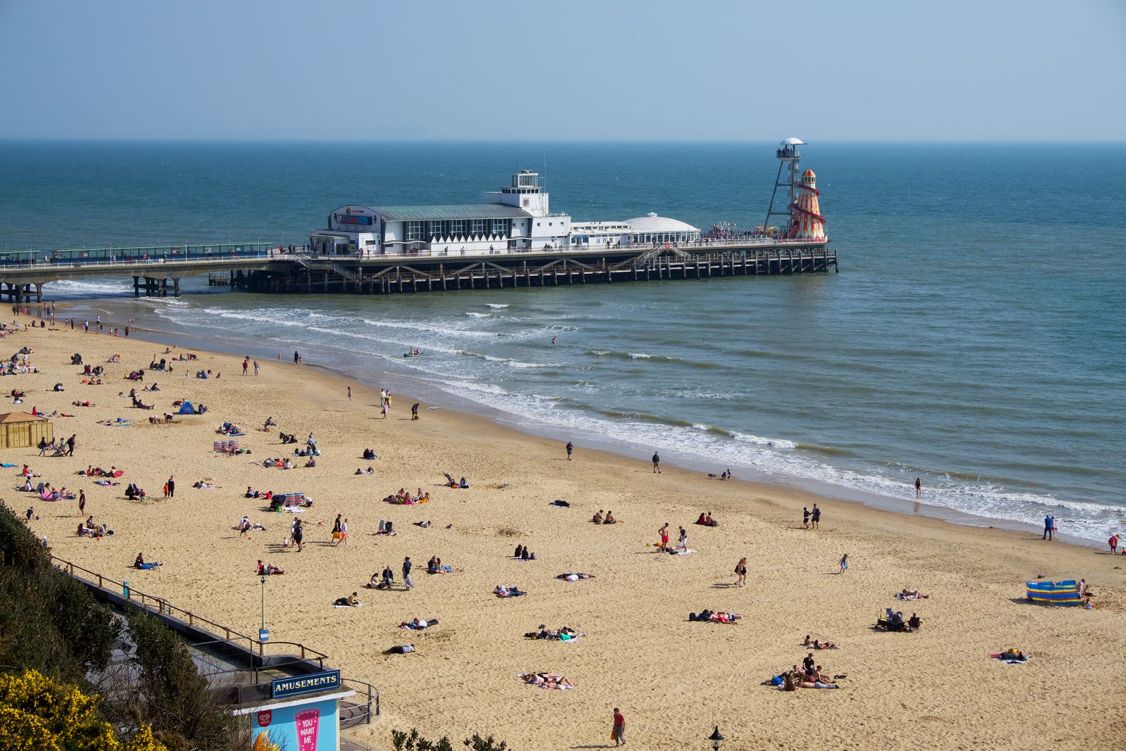 Bournemouth beach and pier on a busy summer day