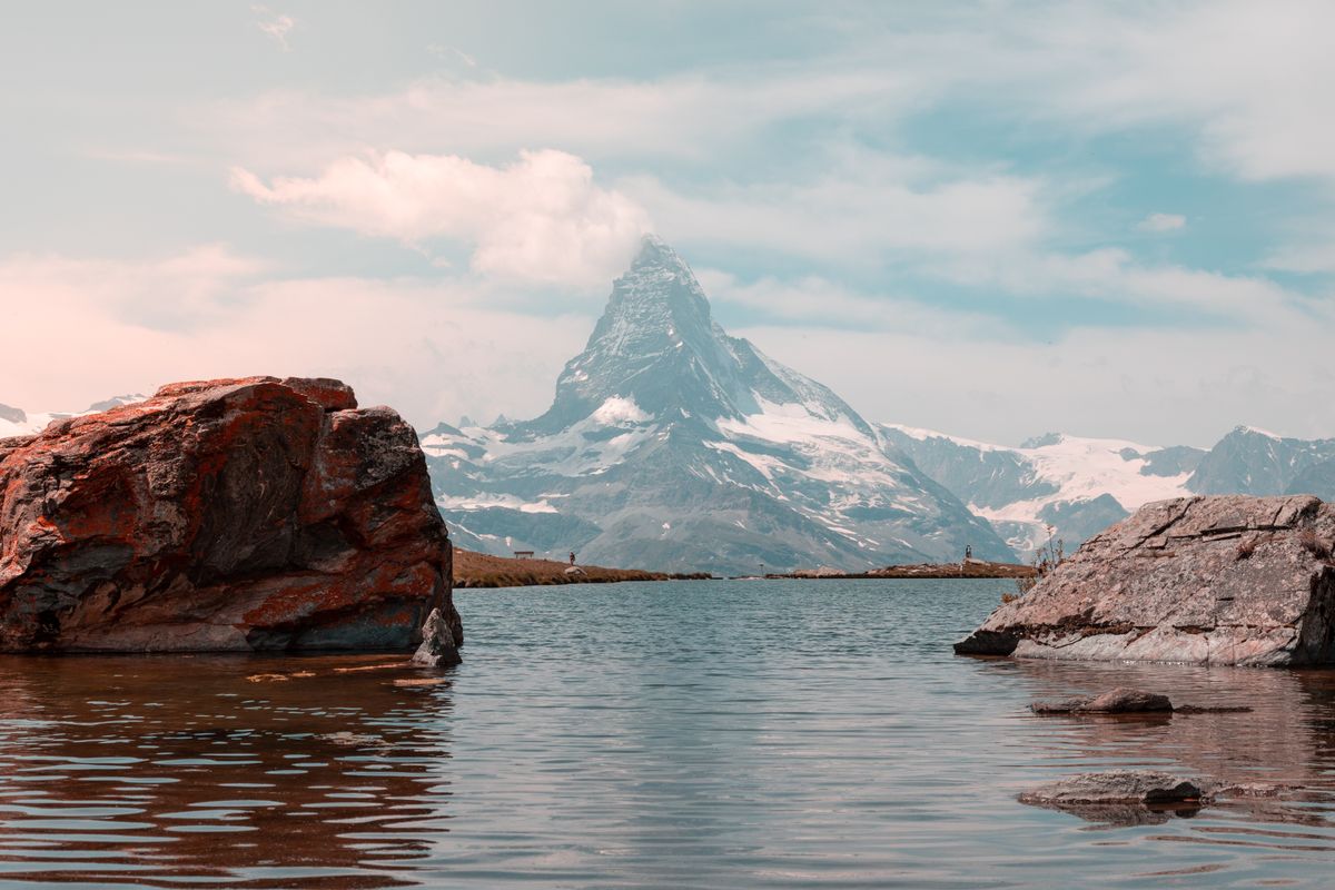 Matterhorn reflecting on a mountain lake in Zermatt