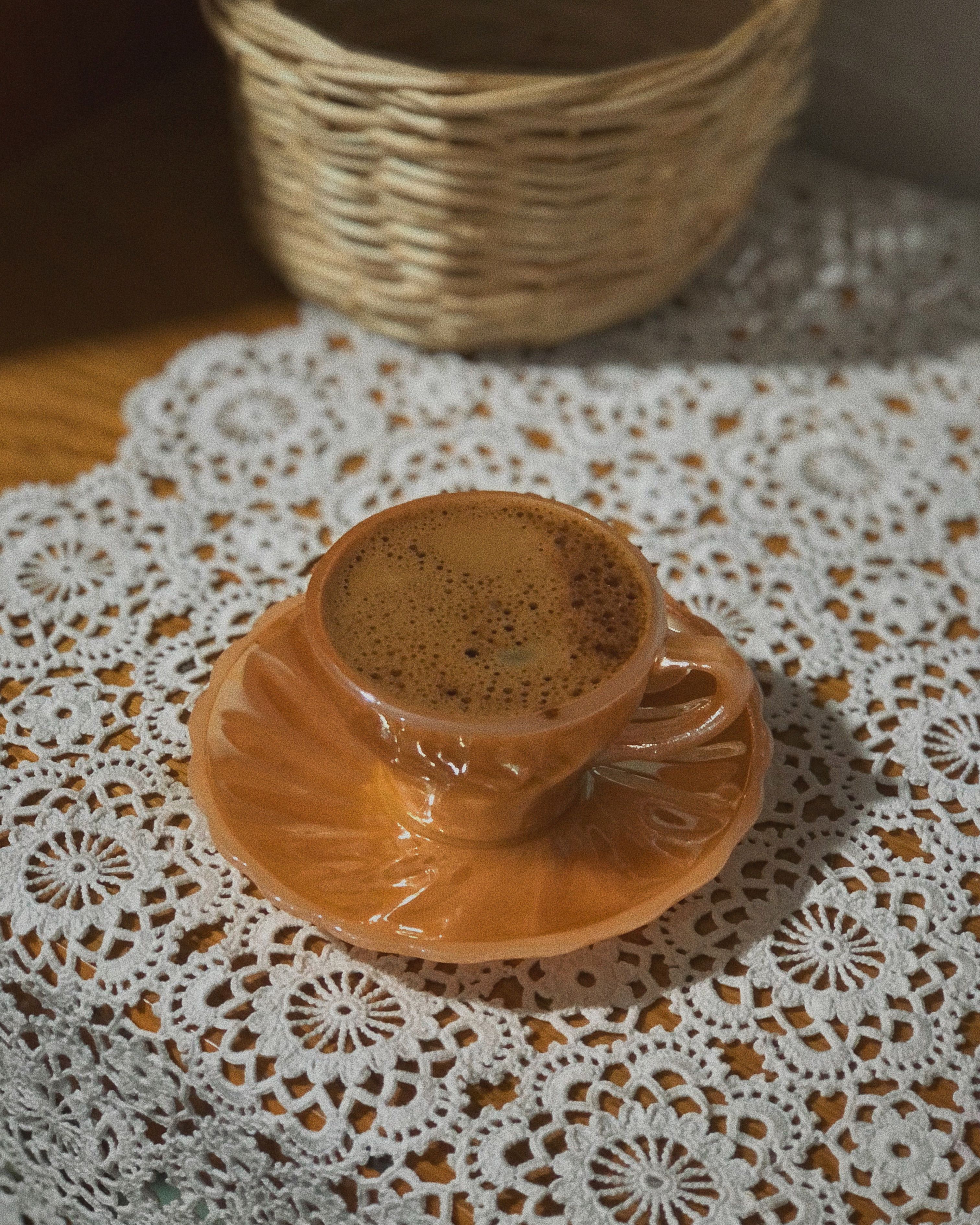 Delicate crocheted doily placed on a counter for a dollar tree coffee bar design
