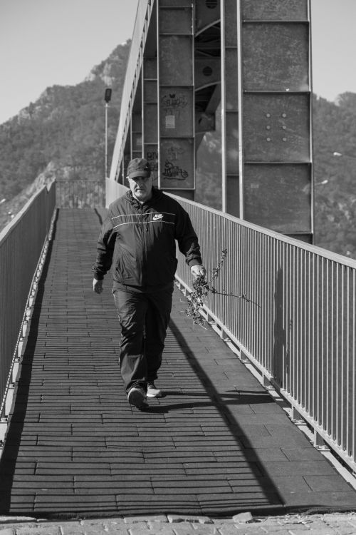 Free Black and white photo of a man walking across a steel footbridge, holding a branch. Stock Photo