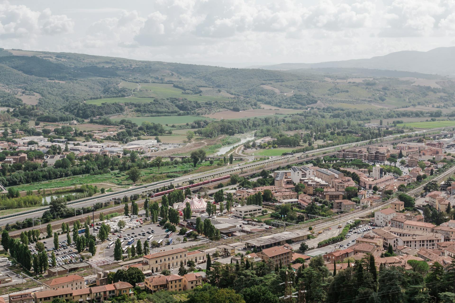 Scenic aerial view of Orvieto city and lush Umbrian countryside, Italy.