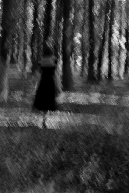 Blurred artistic black and white photo of a person walking through a dense forest.