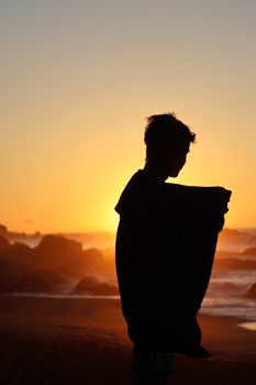 A silhouette of a person on a beach during a vibrant sunset with ocean waves.