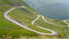 Cars on Road in Between Green Grass Covered Hills