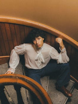 Portrait of a stylish young man with curly hair on a vintage spiral staircase, captured indoors.