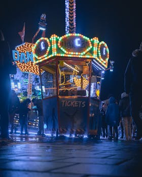 Vibrant and illuminated carnival at night with ticket booth and neon lights.