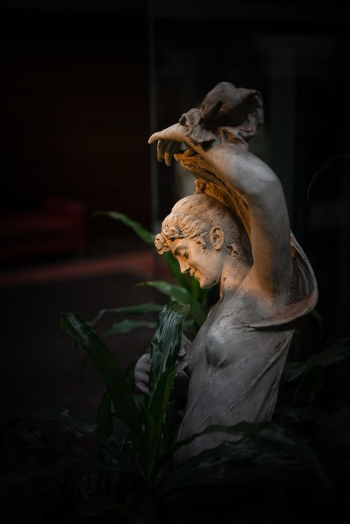 Free Intricate marble statue surrounded by lush greenery, showcasing detailed craftsmanship in a serene setting. Stock Photo