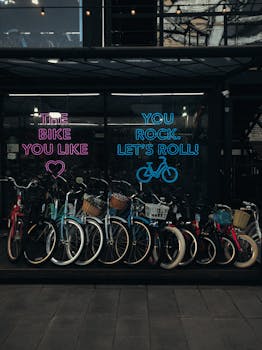 A vibrant row of bicycles for sale in an urban bike shop with neon signs at dusk.