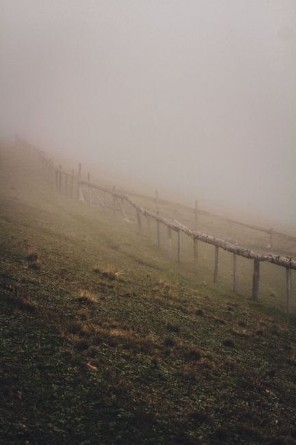 A foggy scene of a sloping field with a wooden fence and green grass.