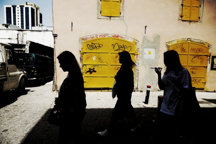 Silhouettes Of Women Near Gates With Graffiti