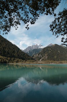 山间湖泊景色宁静，绿树成荫，倒影清晰，令人惊叹