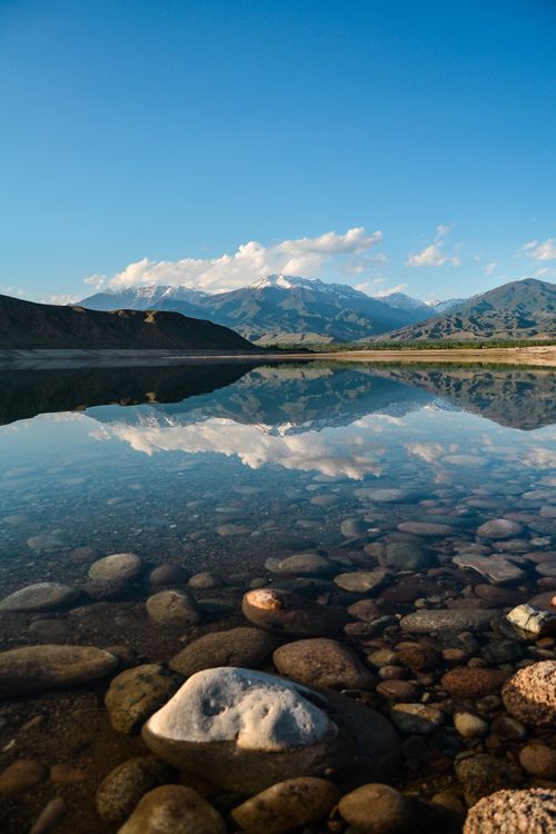 Free Tranquil lake reflecting mountains and sky, showcasing nature's beauty. Stock Photo