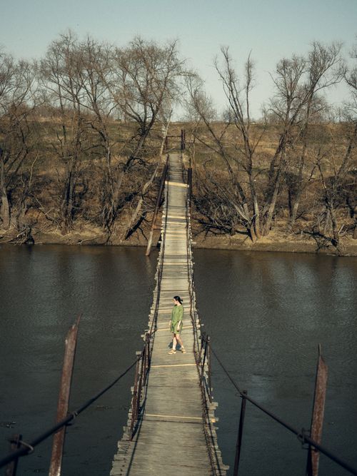 Free A woman in a green dress stands on a hanging bridge over a river in a leafless tree setting. Stock Photo
