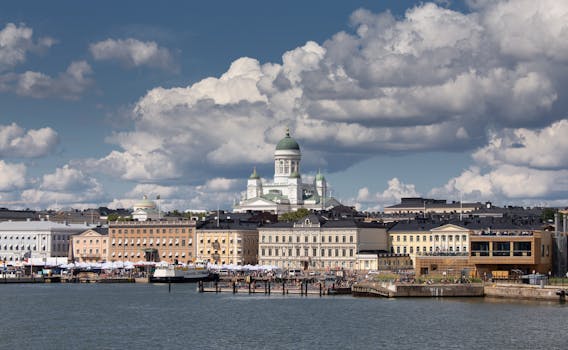 A stunning view of Helsinki's vibrant cityscape with the iconic Helsinki Cathedral under a dramatic sky.