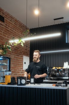 Bearded barista standing behind counter preparing coffee in stylish indoor café.