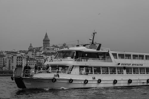 Grayscale Photo of a Ferry