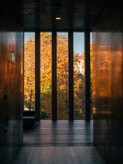 Free A stunning view through glass walls showcasing vibrant autumn trees from a modern interior space. Stock Photo