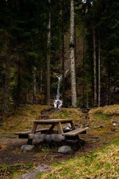Peaceful picnic table in a forest clearing with a scenic waterfall backdrop.