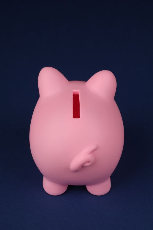 Free Back view of a pink piggy bank against a dark blue backdrop, highlighting savings concept. Stock Photo
