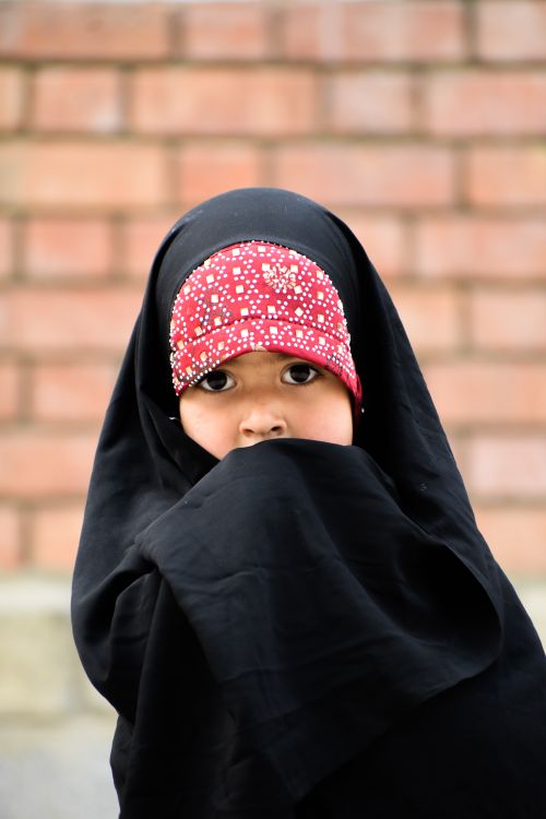 Free Portrait of a young girl wearing a hijab, staring with curious eyes against a brick wall. Stock Photo