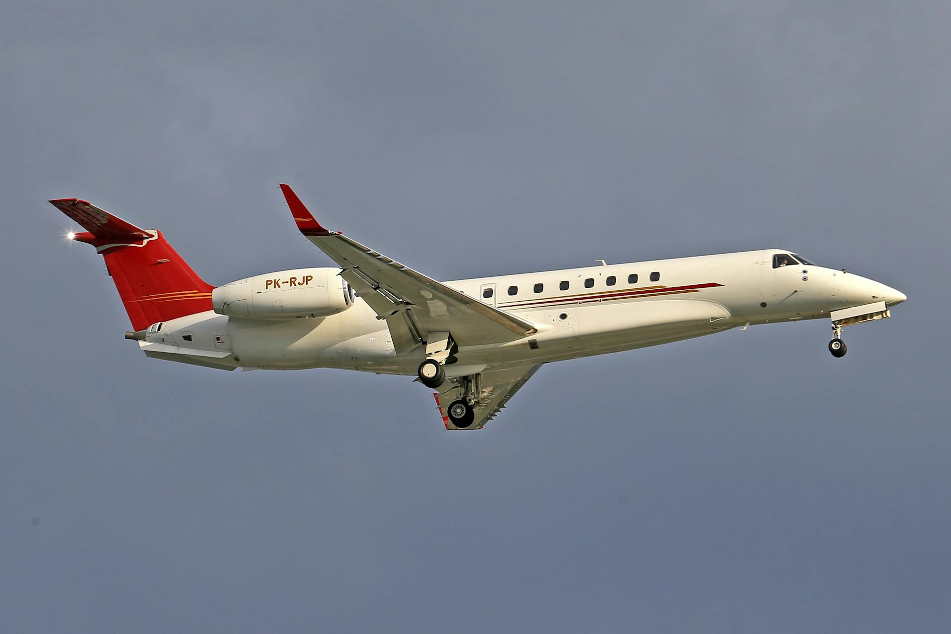 Close-up view of a private jet in flight against a clear sky, capturing aviation elegance.