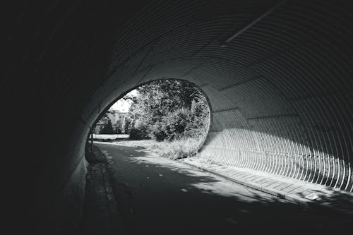 Grayscale Photography of Tunnel