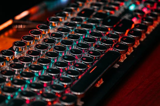 Close-up of a vintage-style mechanical keyboard with vibrant illuminated keys and playful lighting.