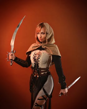 Woman in medieval warrior costume wielding a sword and dagger with a fierce expression.