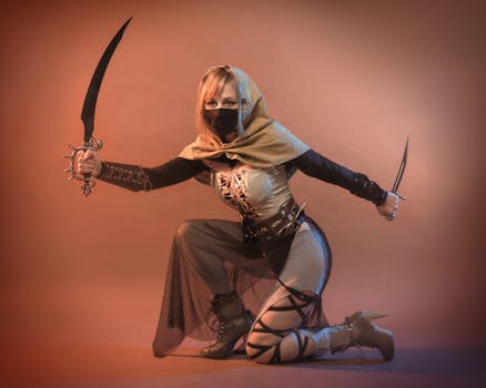 A female warrior in detailed fantasy cosplay, wielding weapons in a studio setting.