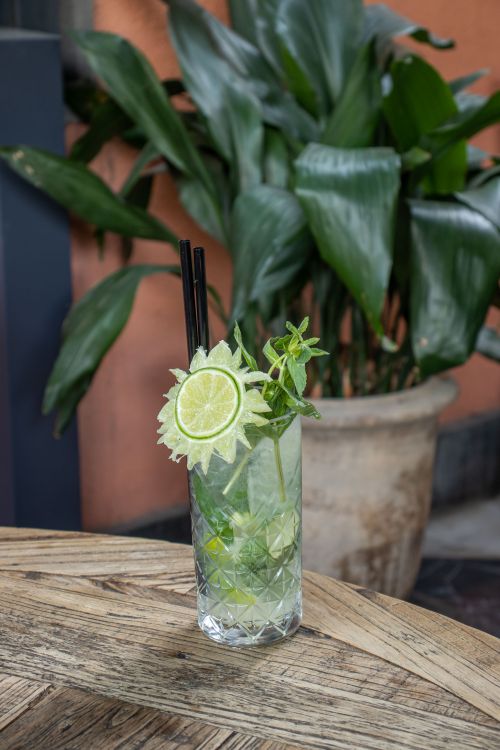 Free A refreshing lime cocktail garnished with herbs in a glass cup, perfect for summer vibes. Stock Photo