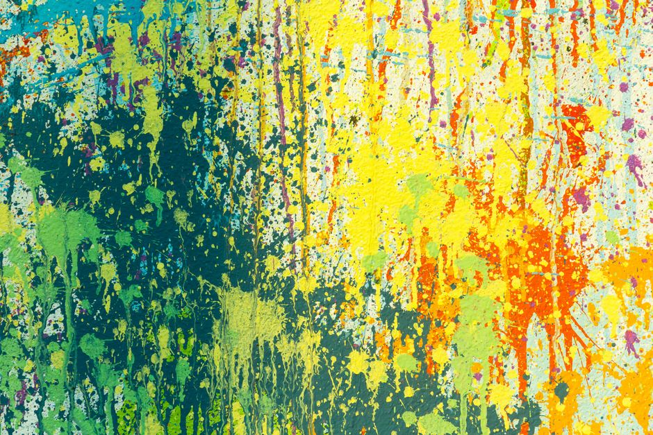 Poured and flung paint on unprimed canvas