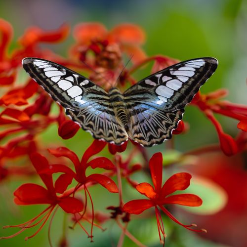 Free Close-up of a butterfly on red flowers, showcasing vivid colors and intricate wing patterns. Stock Photo
