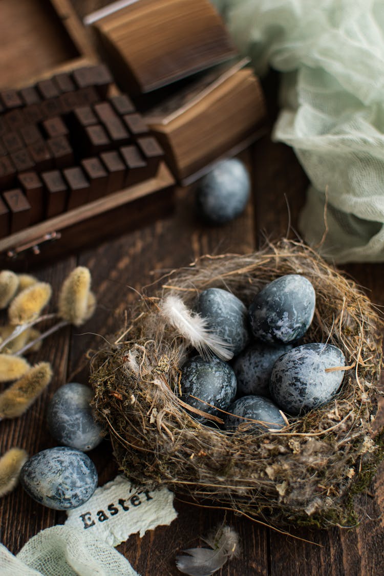 Easter Decoration Of Natural Eggs And Feathers In Nest