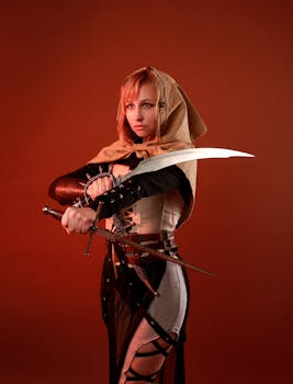 A woman in fantasy costume with a hood and swords against a red background.