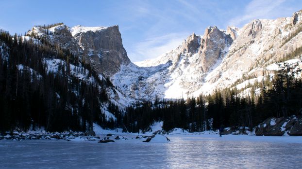 Snowy mountain landscape in Colorado's Rocky Mountain National Park during winter.