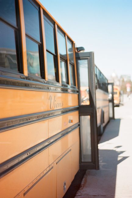 A row of yellow school buses parked with open doors on a sunny day.