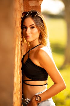 Attractive woman in sunglasses and casual fashion posing against a warm sunset backdrop.