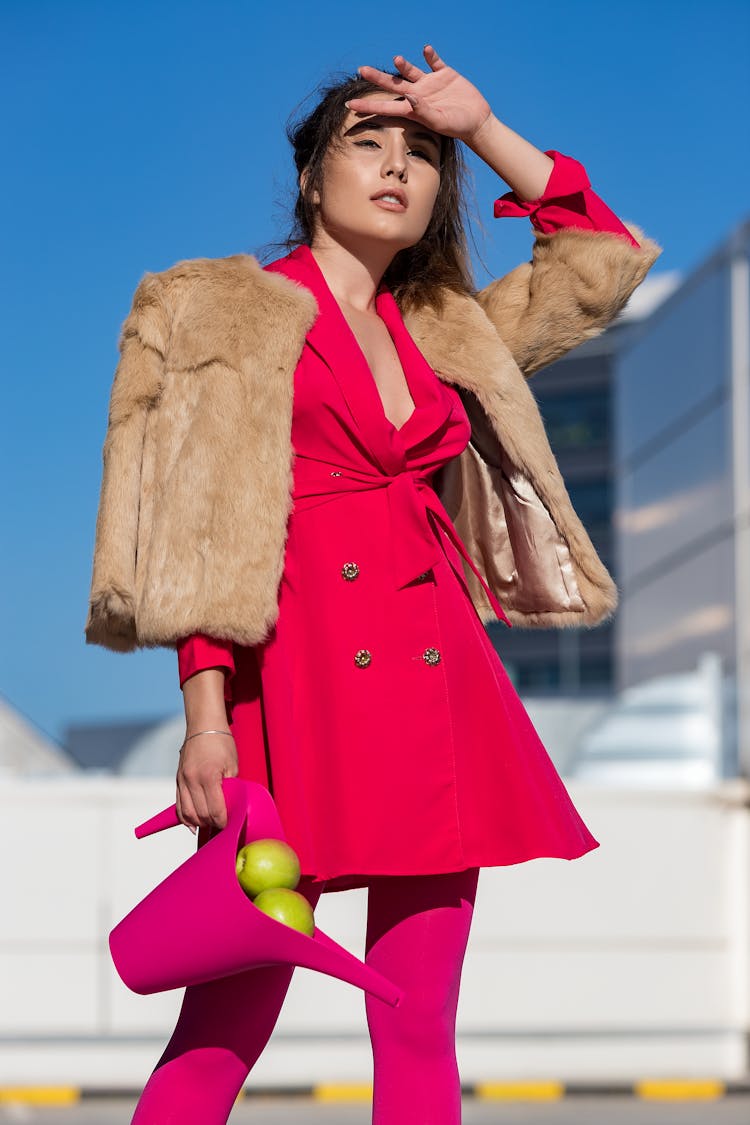 Woman Fashion Model In Red Dress And Short Fur Jacket