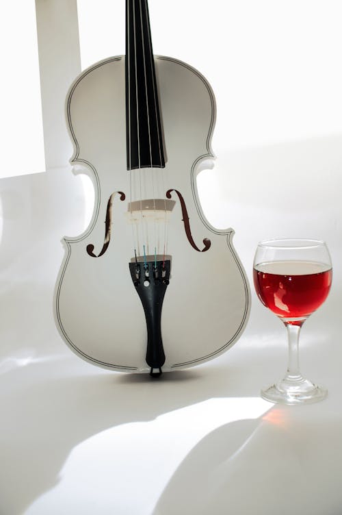 Free Still Life with White Violin and Glass of Red Wine Stock Photo