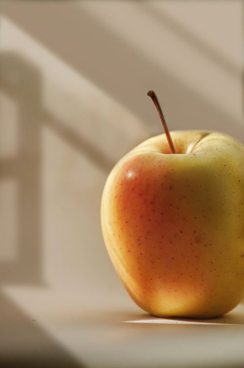 Free Close-up of a single golden apple with sunlight and shadow play, perfect for minimalist and healthy lifestyle themes. Stock Photo
