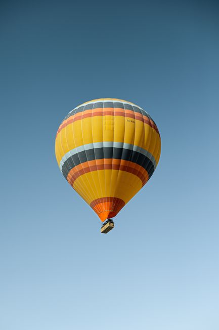 Colorful hot air balloon against a clear blue sky in Turkey, ideal for travel and adventure themes.