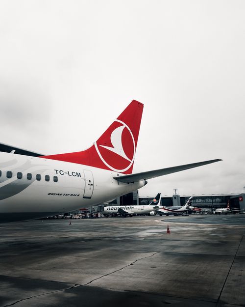 Free Turkish Airlines aircraft on the tarmac at İstanbul Airport, captured from the side during the day. Stock Photo