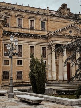 Neoclassical architecture of a landmark building in Salamanca, Spain, showcasing historical elegance.
