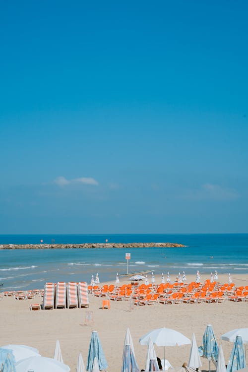 grátis Orange Lounge Chairs Perto Da Praia Durante O Dia Nublado Foto profissional